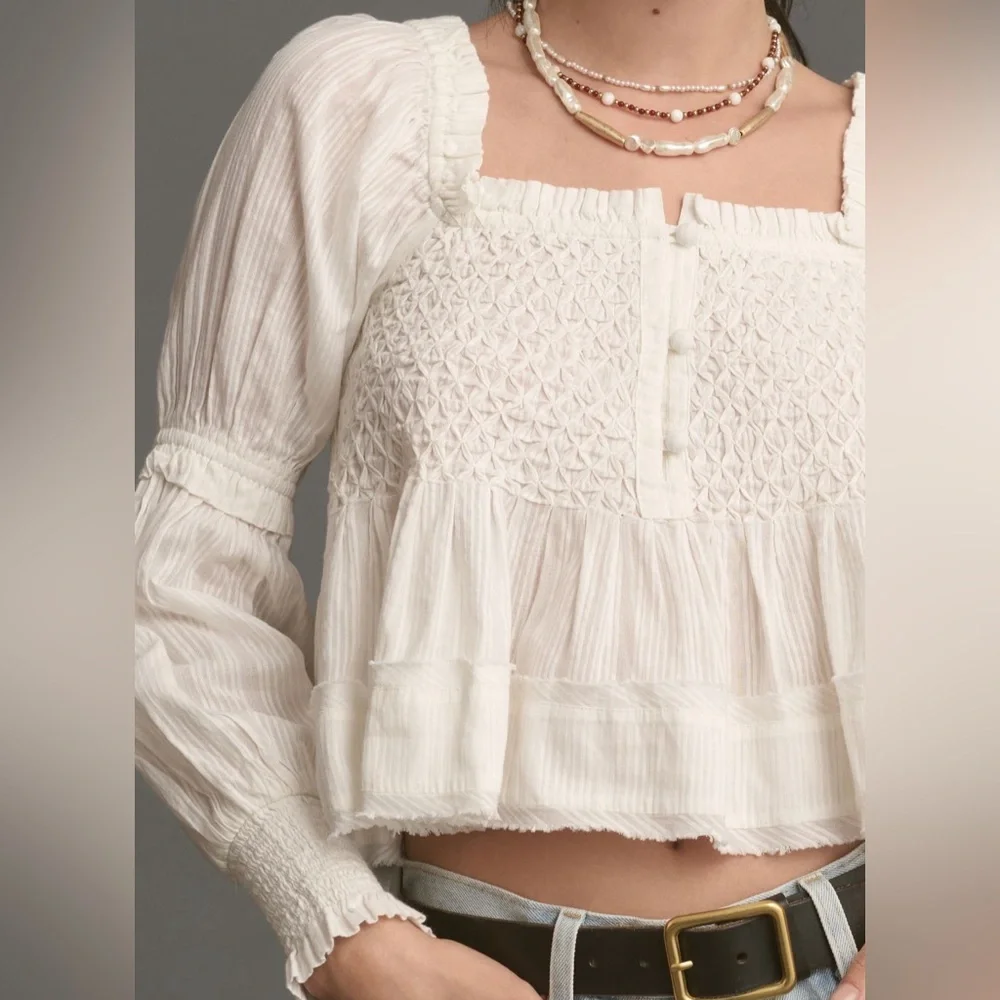 🖤 Anthropologie Puff-Sleeve Babydoll Top – Ivory | Size L